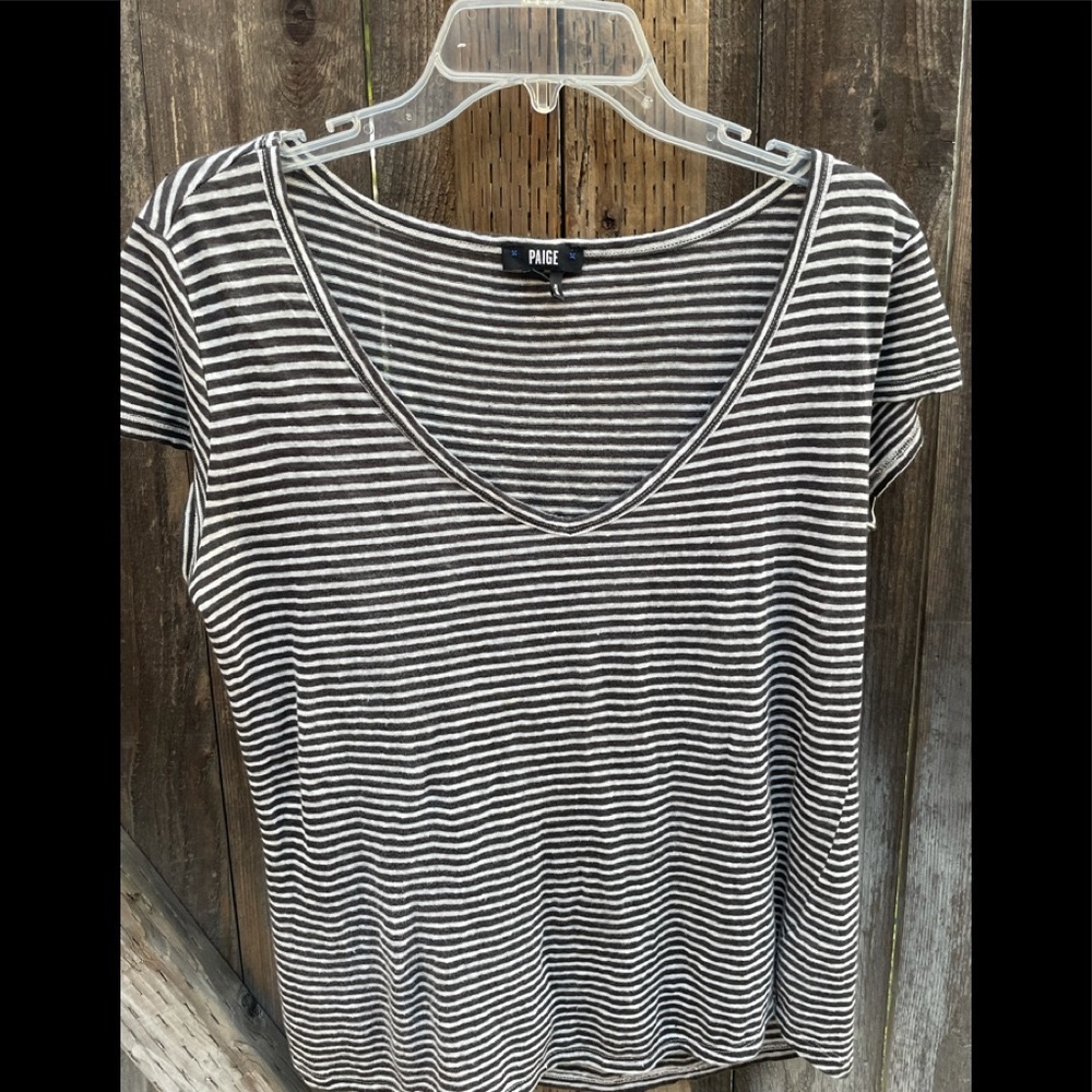Paige Black And White Linen Striped V-Neck Tee- X-Small